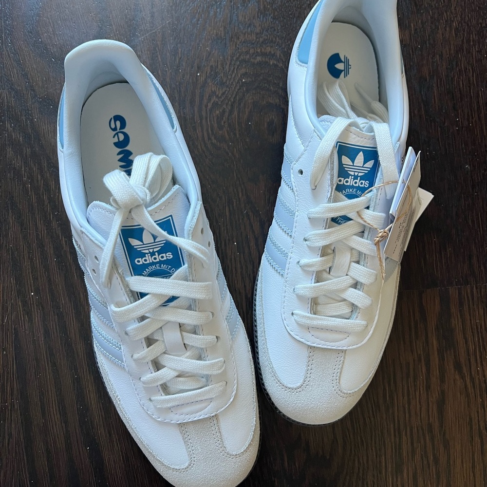 NWT Adidas Sambas OG in Core White and Halo Blue, Size UK 9 / US 9.5